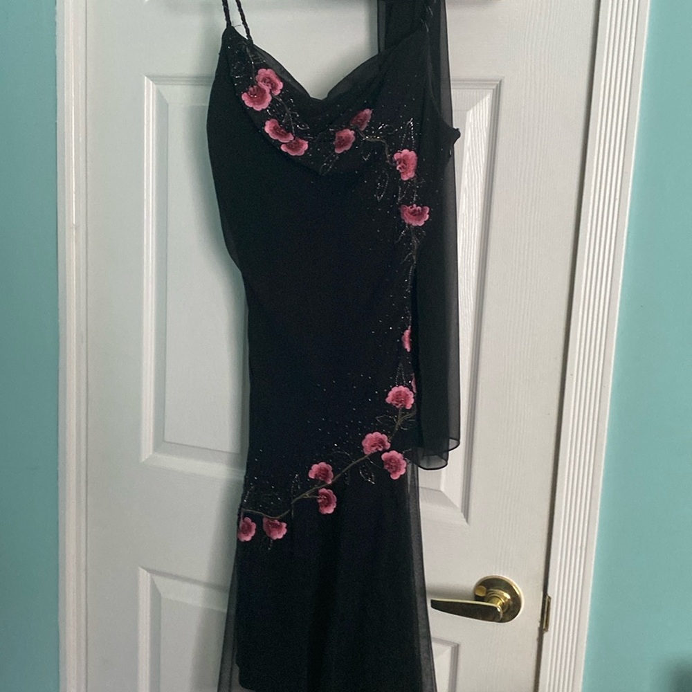 Black embroidered floral formal dress